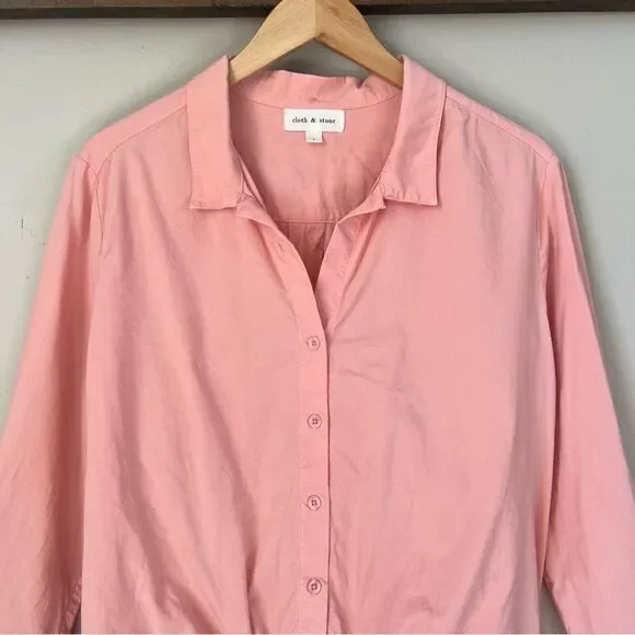Anthropologie Cloth & Stone Pink Button-Up Long Sleeve Tie Shirt Blouse SZ L - Picture 2 of 16